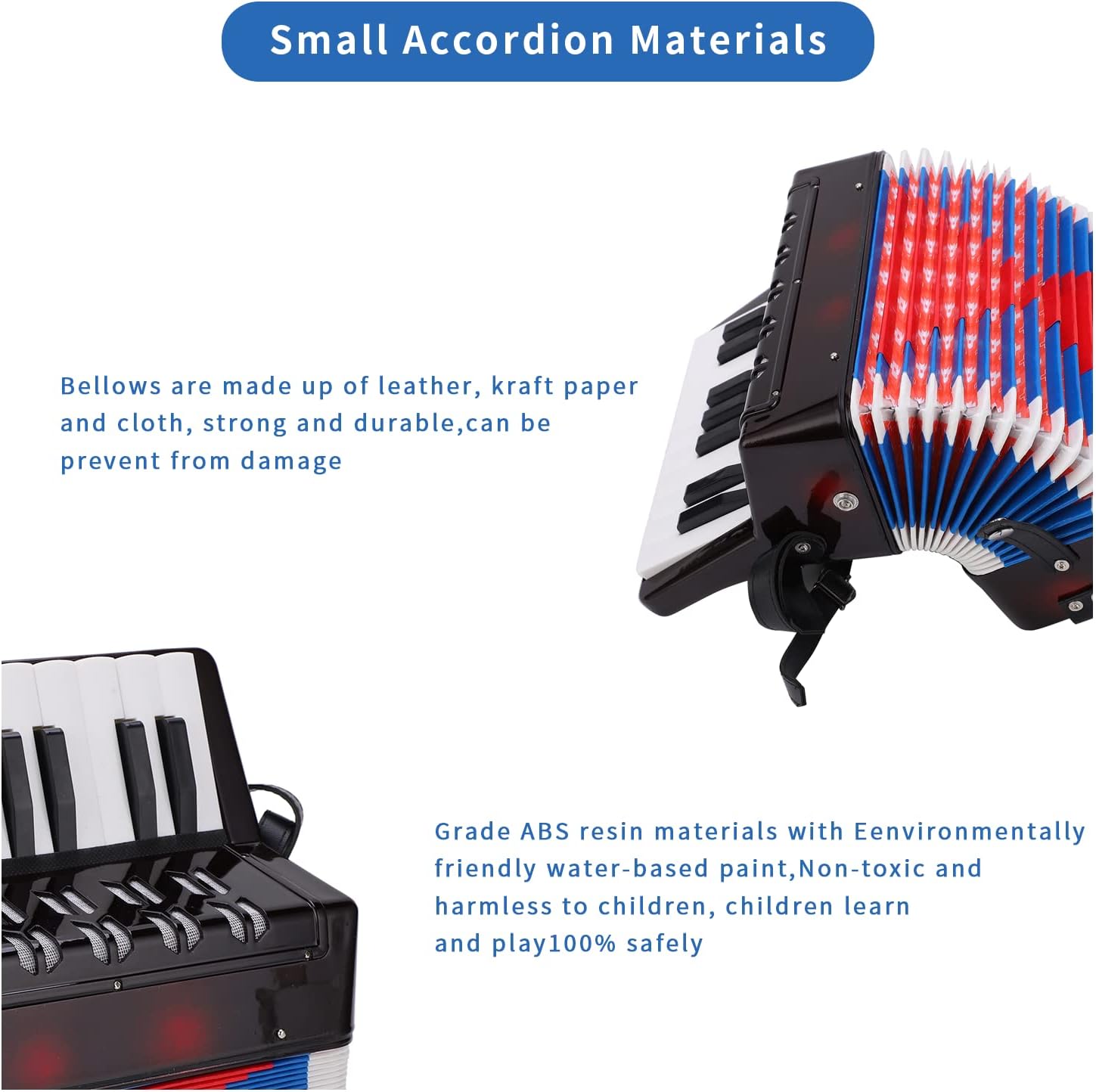 Kids Accordion, 17 Key Mini Accordion Instrument with Retractable Leather Strap for Children Beginners